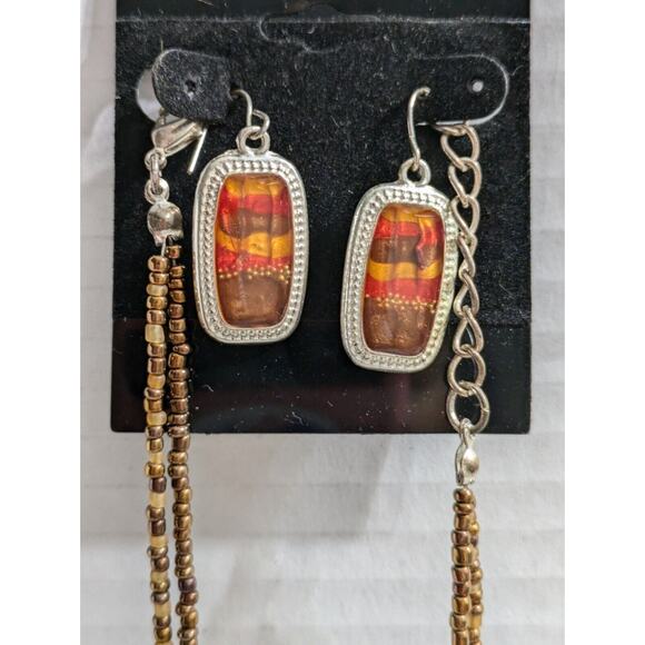 Necklace Earring Set Vintage Designer KC Beaded Two Strand Silver Tone Pendant - Picture 4 of 10